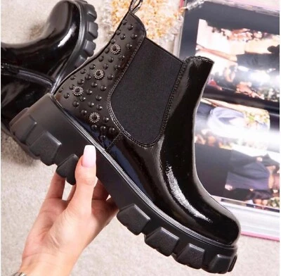 £17.95 • Buy Ladies Womens Flat Studs Chunky Platform Sole Chelsea Slip On Ankle Boots Shoes