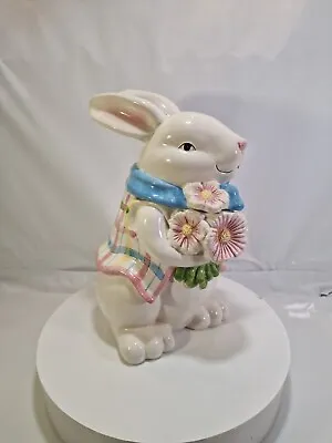 RARE RABBIT BUNNY COOKIE JAR BIG 12.5  Spring Easter With Flowers   C4 • $60