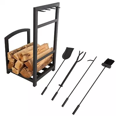 Iron Log Rack And Fireplace Set Tools Brush Tongs Poker Dust Pan 27 Inch High • $65.99