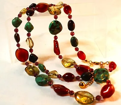 Vintage Joan Rivers Southwestern Faux Turquoise Tigers Eye Amber Glass Necklace • $28.99