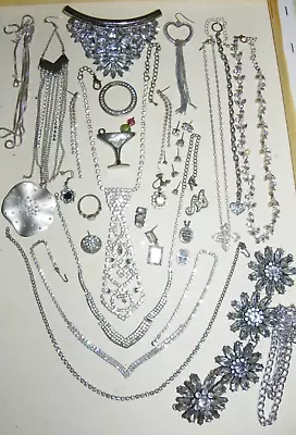 24 Piece VTG Now Rhinestone Silver Tone Deco Jewelry Lot Untested • $0.99