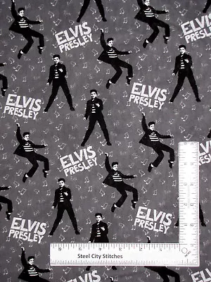 Elvis Presley Fabric Music Notes Elvis King Of Rock Gray CP76887 By The Yard • $10.98