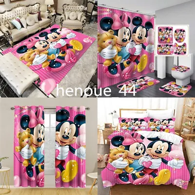 3D Mickey Minnie Mouse Bedding Set Duvet Cover Carpet Mat Blanket Curtains Gifts • £23.84