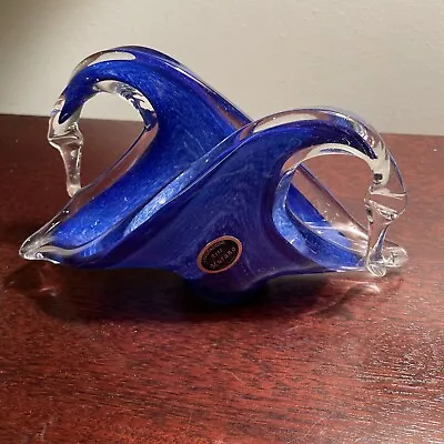 Double Swans Vintage Lavorazione Murano Blue Art Glass Napkin / Letter Holder • $45