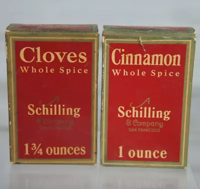 Lot Vintage Schilling Cloves + Cinnamon Cardboard Spice Boxes - Red Gold • $18.35