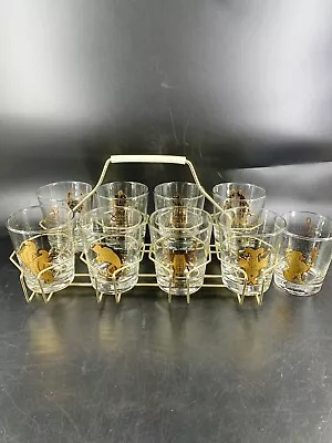 Set 9 Vintage MCM Zodiac Horoscope 22K GOLD Lowball Glasses With Caddy • $175