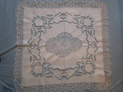 Vintage Embroidered White Linen Filet Lace Cherubs Bridal Table Cloth Maltese • $39.99