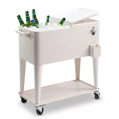 Portable Outdoor 80 Quart Rolling Patio Steel Party Cooler Cart Ice Chest White • $135.89