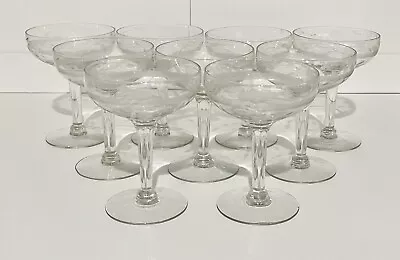 Vintage Champagne Glasses Sherbet Cocktail Coupes Etched FloralCut Barware Set 9 • $54