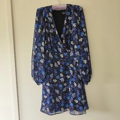 City Chic Size XS Faux Wrap Front Dress Blue Floral Long Elastic Cuff • $25