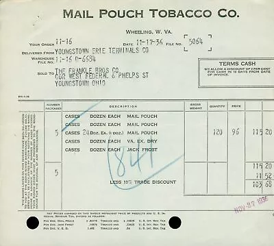 1936 Mail Pouch Tobacco Invoice Wheeling WV Retailer Billhead Frankle YTown OH • $9.99