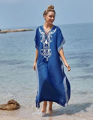 $24.99 • Buy AU SELLER Embroidery Cotton Oversized Kaftan Kimono Beach Dress Cover UP Dr207