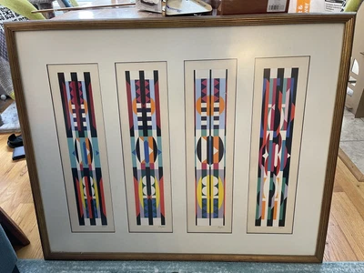 $2500 • Buy YAACOV AGAM  UNTITLED  4 PANEL ~ SIGNED PRINT ~ FRAMED ~ ABSTRACT  38x31”