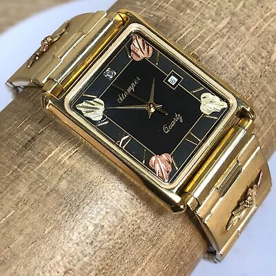 Vintage Stamper Mens Gold Tone Black Dial Tank Rectangular Expandible Band Watch • $249.95