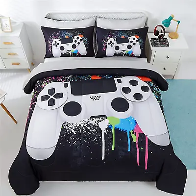 5 Piece Boys Queen Gamer Comforter Set With Sheets 3D Colorful Video Game Contr • $75.99