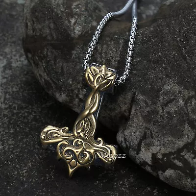 Mens Stainless Steel Gold Norse Viking Thors Hammer Mjolnir Pendant Necklace  • $9.99