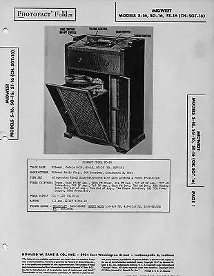 1947 Midwest S-16 Console Radio Service Manual Photofact Schematic Sg-16 St-16 • $10.99