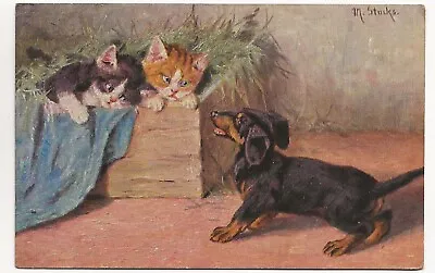 Postcard Artist Drawn M Stocks Published By H.M&Co Bavaria Cats & Dachshund • £4.99