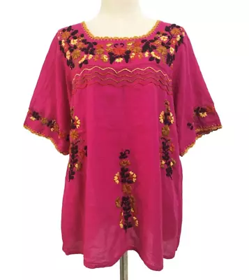 Hand Embroidered Mexican Style Peasant Cotton Blouse Pink Oaxacan Blouse • $43