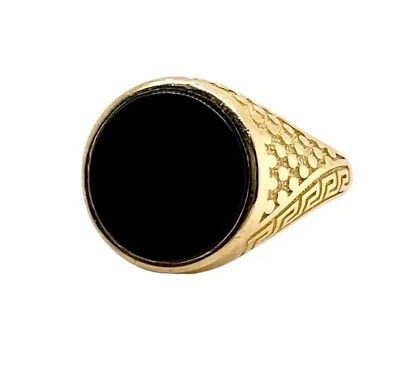 18k Solid Yellow Gold Mens Onyx Pinky Ring Greek Key Design 7.6 Grams Size 9 • £617.09