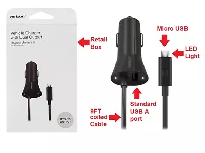 NEW OEM Original Verizon Micro USB Dual Car Charger RAPID 3.4 Amp Samsung +Light • $6.49