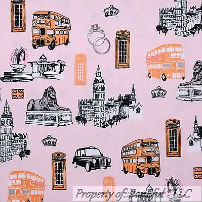 BonEful Fabric FQ Cotton Quilt Pink B&W Gray London British UK Flag Scenic Toile • £4.89