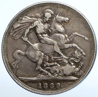 1889 GREAT BRITAIN Queen Victoria SAINT GEORGE Horse Silver Crown Coin I111181 • $358.80