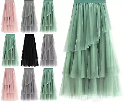 £7.28 • Buy Ladies High Waist Ruffle Mesh Tutu Maxi Skirt Sheer Net Tulle Pleated Long Dress
