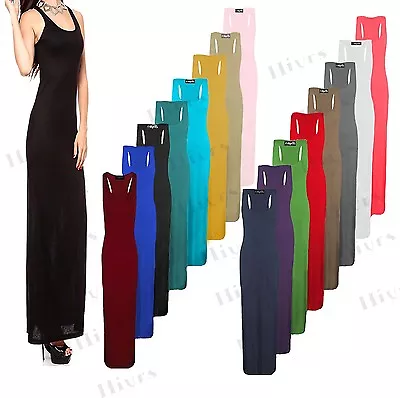 Womens Racer Maxi Dress Jersey Long Summer Muscle Vest Maxi Back Size 8-26 • £5.75