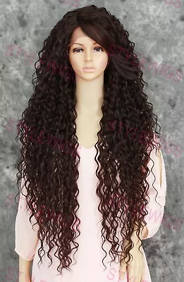 Dark Brown Extra Long Spiral Curls Heat OK Lace Front Human Hair Blend Wig EVFM • $88.85