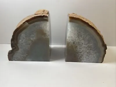 Pair Of Agate Geode Bookends Rough Outside Brown White Crystal Polished Inside • $49.99