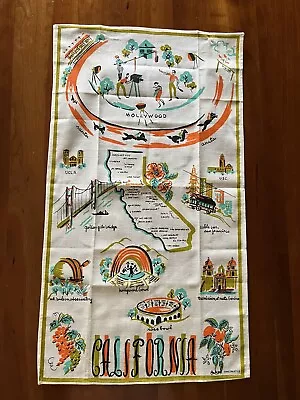 Vintage Tea Towel California State Map Souvenir Hollywood Movie Set Orange Aqua • $30