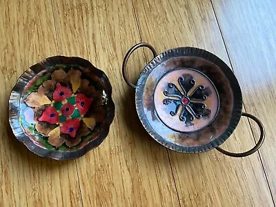 Vintage Copper Enamel Rust Dishes Bowls Floral Boho Two Handles Floral 4   D • $21