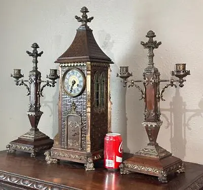 French Antique Bronze & Walnut Wood Gothic Revival Clock & Candelabra Set • $3450