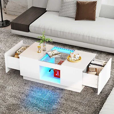 LED Coffee Table Modern Center Table With Charging Station Large Storage Drawers • $103.99