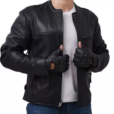 Men Motorcycle Riding Black Cowhide Leather Jacket With CE Protective Armour • $114.99