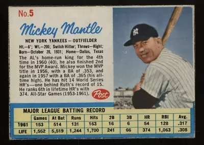 1962 Post Cereal #5 Mickey Mantle New York Yankees HOF • $52.50