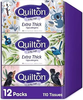 Quilton 3 Ply Extra Thick Facial Tissues Hypo-allergenic 12 Boxes Of 110 Tissue • $25.77