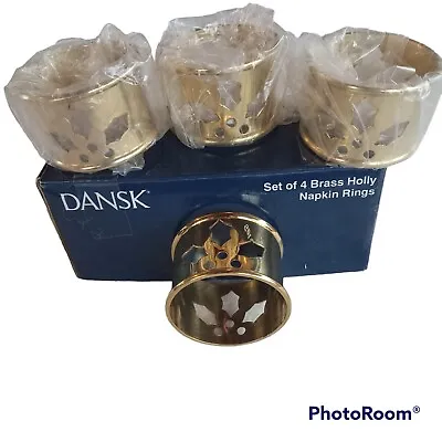 $9.29 • Buy Dansk Brass Holly Napkin Rings Set Of 4 NIB