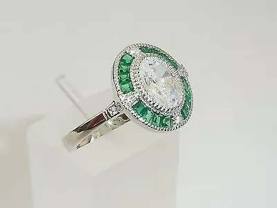 Ladies Art Deco Halo Design 925 Sterling Silver Sapphire & Green Emerald Ring • £38.99