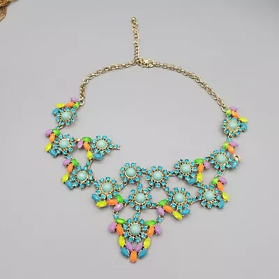 Neon Bib Necklace DAMAGED Blue Rhinestone Large Statement Adjustable 23  • $13.99