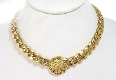 Vintage Lion Head Chain Link Choker Statement Gold Tone Couture Necklace • $145