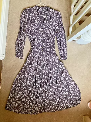 VINTAGE CHARLOTTE HALTON TEA DRESS BROWN UK 10 PETITE 1940s RETRO MIDI LENGTH • £11