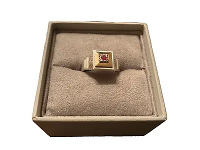 14K Round Ruby On Gold Square On Vintage Silver Signet Ring Size 10 • $349.99