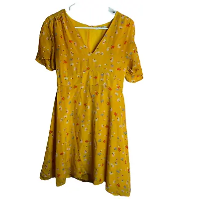 Madewell Beladonna Dress Women 4 Yellow Floral Print Silk Fit Flare Short Sleeve • $9.95