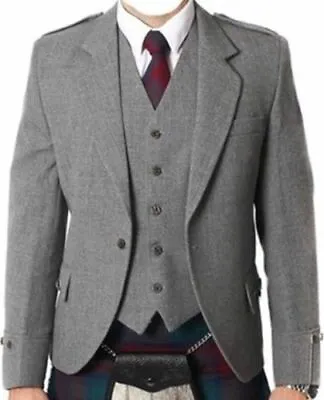 £39.99 • Buy CLEARANCE SALE WOOL Argyle Kilt Jacket & Waistcoat Scottish Argyle Dark Grey