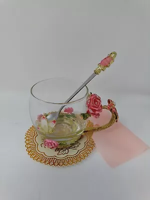 Enamel Flower Glass Coffee Mugs Tea Cup With Steel Spoon Best Gifts For Women • $16