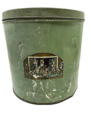 Vintage Metal Canister With Vtg Decal And Lid Green 7.25x7.25 • $16