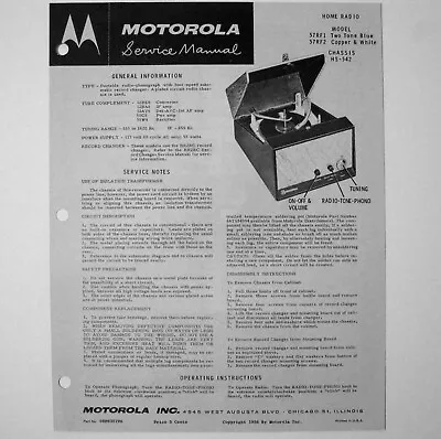 Motorola ® Models 57RF1 57RF2 Portable Record Player Service Manual © 1956 • $4.70