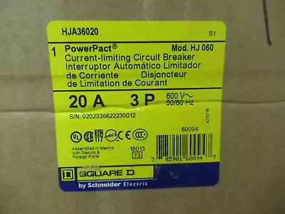 Square D HJA36020 20 Amp 600 Volt 3 Pole 65K Circuit Breaker- NEW-B • $425